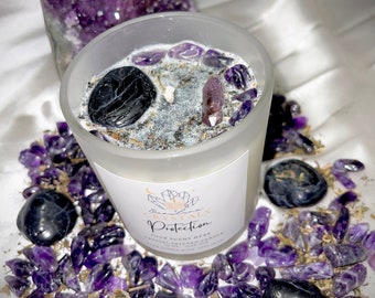 Protection Crystal Infused Candle & Herbs - Amethyst - Large Black Tourmaline Stone