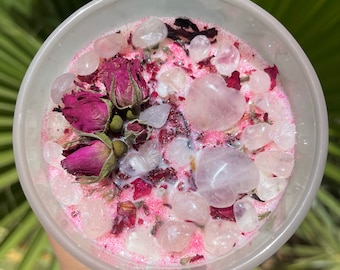 Self Love Rose Quartz Crystal Infused Candle W/Herbs 15 OZ
