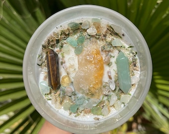 Abundance + Money Crystal Infused Candle - Citrine - Tigers Eye - Green Aventurine - Herbs 15 OZ Large
