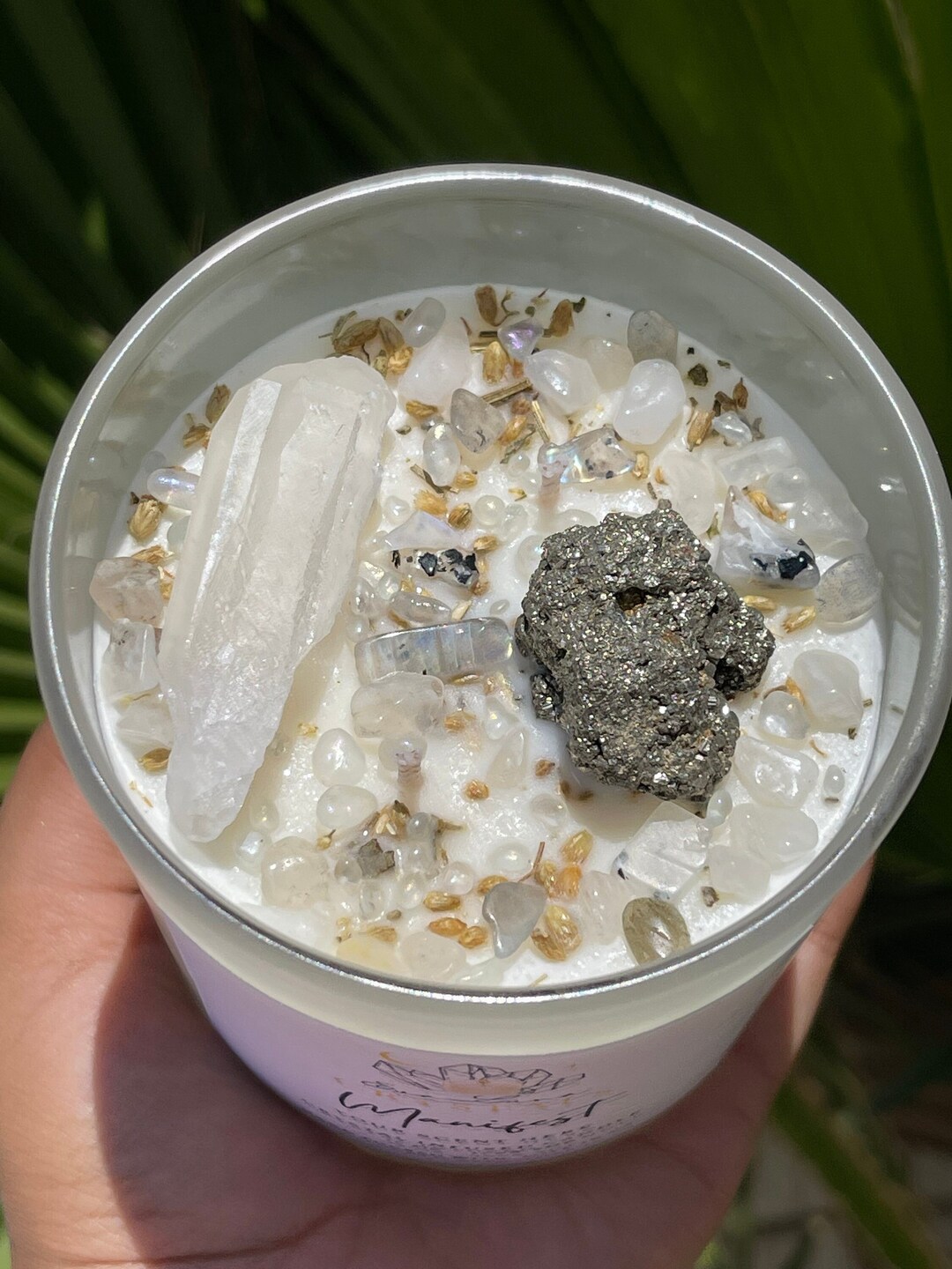 Manifest Crystal Infused Candle Pyrite Clear Quartz Moonstone Herbs 15