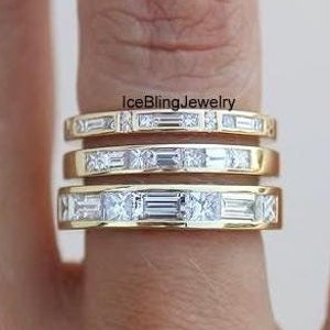 Princess & Baguette Cut Simulated Diamond Channel Set Pattern Half Eternity Band, Thin, Medium and Wide Size Different 14k Yellow Gold Band
