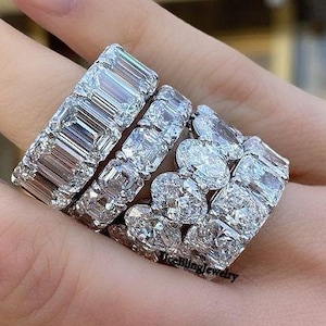 5 MM Asscher Cut Band, Oval Cut Simulated Diamond Engagement Band, Radiant Cut Full Eternity Wedding Band, 14k White Gold Emerald Cut Band