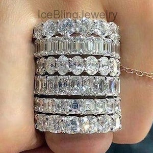 4.5 mm Round Cut Band, Cushion Simulated Diamond Engagement Band, Radiant Cut Diamond Wedding Band, 14K White Gold Oval Cut Pave Band Gift