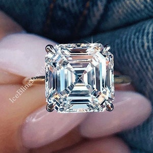 Versteckter Halo Verlobungsring 6.00 Ct Asscher Schnitt Simulierter Diamant Ring 14K Gelbgold Ring Solitär Hochzeit Ring Prong Set Brautring