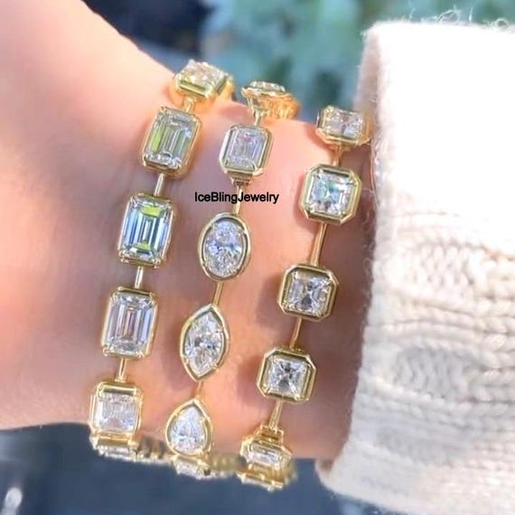 6 MM アッシャーカット CZ ダイヤモンドブレスレット、10K ゴールド 
