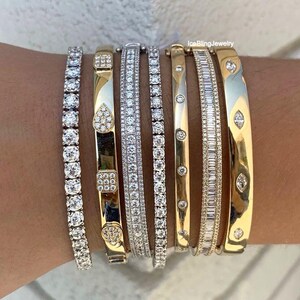 Round Cut CZ Diamond Flush Set Half Eternity Bangle, Baguette & Round Cut Channel Set Bangle, 4 mm Round Cut Tennis Bracelet, 18k White Gold