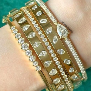 Hexagon Bezel Set Diamond Bangle, Marquise, Oval, Emerald & Pear Cut Simulated Diamond Flush Bangle, East West Pear Cut Diamond Pave Bangle