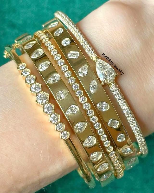 Hexagon Bezel Set Diamond Bangle, Marquise, Oval, Emerald & Pear Cut Simulated Diamond Flush Bangle, East West Pear Cut Diamond Pave Bangle