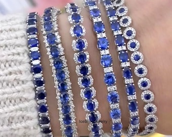 Round Cut Blue Sapphire Gemstone Halo Bracelet, Baguette CZ Diamond & Oval Sapphire Tennis Bracelet, 14k White Gold Half Halo Design Bangle