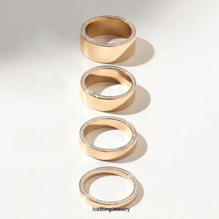 2 mm To 8 mm Wide Bands, 1.30mm Round Cut Simulated Diamond Band, Pave Diamonds Along Both Edges, 10k Yellow Gold Pave Perfect Cigar Band