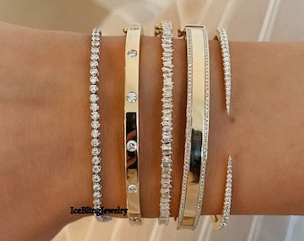 Half Way Single Prong Bangles, Flush Setting Wedding Bracelet, Trendy Trapped Baguette Simulated Diamond Bangle, Two Row & Claw Cuff Bangle