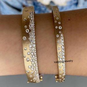 1.80 mm Round Cut Simulated Diamond Flush Set Scattered Wedding Bangle, CZ Diamond Wide Bracelet, 18k Gold Satin Finish Daily Wear Bangle