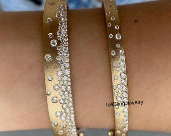 1.80 mm Round Cut Simulated Diamond Flush Set Scattered Wedding Bangle, CZ Diamond Wide Bracelet, 18k Gold Satin Finish Daily Wear Bangle