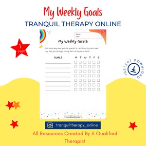 Pode incluir: Uma folha de trabalho imprimível com um design de arco-íris e o texto "Meus objetivos semanais" e "Tranquil Therapy Online". A folha de trabalho inclui uma seção para objetivos e uma lista de verificação diária para acompanhar o progresso.