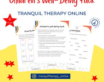 May include: A printable pack of worksheets for children's well-being. The pack includes a drawing exercise and a list of strengths. The worksheets are designed to help children communicate about their day-to-day experiences, identify and name their emotions, and learn grounding techniques for when they feel overwhelmed.