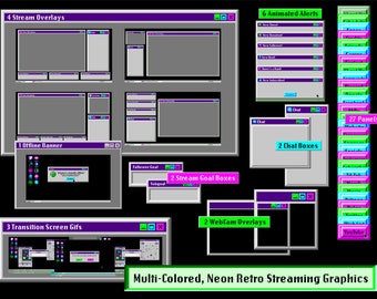 Neon Retro Streaming Graphics / Twitch Overlays / Panels / ANIMATED Alerts and Transitions