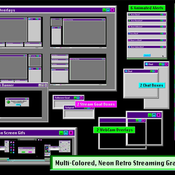 Neon Retro Streaming Graphics / Twitch Overlays / Panels / ANIMATED Alerts and Transitions