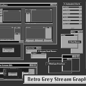 Retro Streaming Graphics / ANIMATED Scenes / Grey / Twitch Overlay Package / Vapor-wave Aesthetic / Panels and Banner