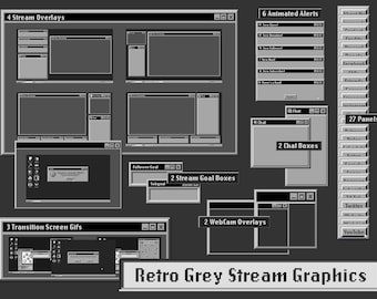 Retro Streaming Graphics / ANIMATED Scenes / Grey / Twitch Overlay Package / Vapor-wave Aesthetic / Panels and Banner
