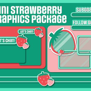 May include: A digital graphic package with a strawberry theme. The graphics include a strawberry mirror, a strawberry chat bubble, and a strawberry frame. The graphics are in a green, pink, and red color scheme. The text "Mini Strawberry Graphics Package" is at the top of the image. The text "Let's Chat!" is in the chat bubble. The text "Subgoal" and "Follow Goal" are in the frames.