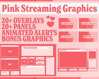 Simple Pink Streaming Graphics Package // Over 20 Overlays // Animated Alerts // 27 Panels // Bonus Graphics