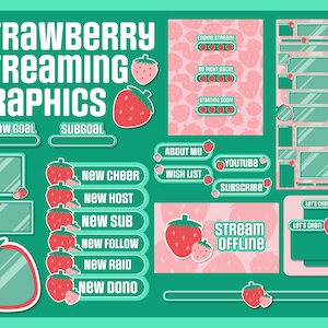 Strawberry Streaming Graphics // ANIMATED // Twitch // Overlays // Panels // Alerts