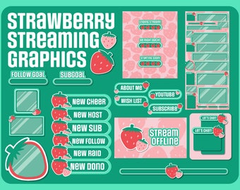 Strawberry Streaming Graphics // ANIMATED // Twitch // Overlays // Panels // Alerts