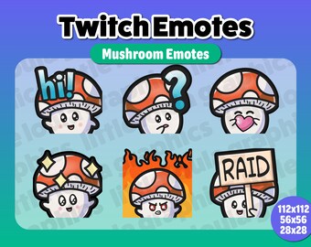 Mushroom Twitch Emotes // Twitch // Discord // Heart, Raid, Hype, Angry, Hi
