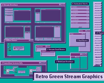 Retro Streaming Graphics / ANIMATED Scenes / Purple and Teal / Vapor-wave Aesthetic / Twitch Overlay Package / Panels and Banner