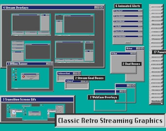 Classic Retro Streaming Graphics / Twitch Stream Overlays / ANIMATED Alerts and Transitions / Panels / Vaporwave