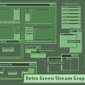 Retro Streaming Graphics / Alertas ANIMADAS y escenas de transición / Sage-Green / Paneles de Twitch / Superposiciones de cámara web / Superposiciones de transmisión / Banner
