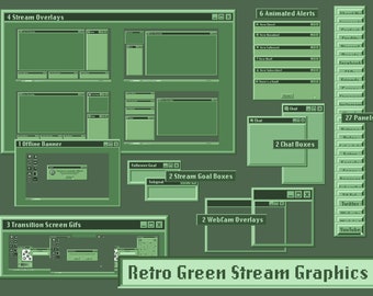 Retro Streaming Graphics / ANIMATED Alerts and Transition Scenes / Sage-Green / Twitch Panels / Webcam Overlays / Stream Overlays / Banner