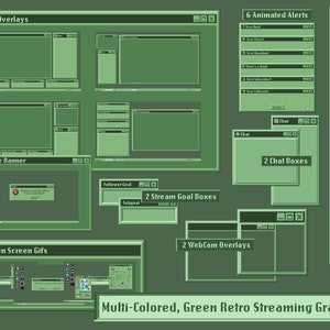 Multi-Colored, Green Retro Streaming Graphics / Twitch Overlays / ANIMATED Alerts and Transitions / Panels / Vaporwave