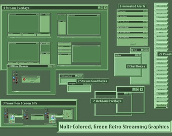 Multi-Colored, Green Retro Streaming Graphics / Twitch Overlays / ANIMATED Alerts and Transitions / Panels / Vaporwave