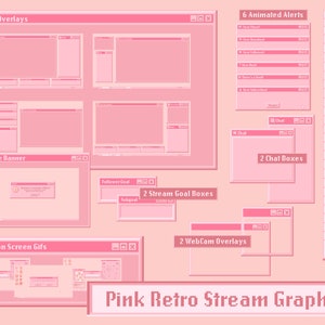 Pink Retro Stream Graphics Package / Twitch Overlays / Offline Banner / Panels / Transitions / Alerts