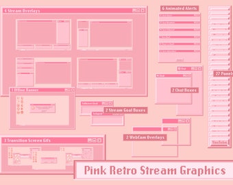 Pink Retro Stream Graphics Package / Twitch Overlays / Offline Banner / Panels / Transitions / Alerts