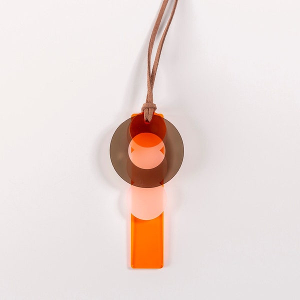 Modern geometric orange long necklace, Necklace with acrylic pendant laser cut, Colorful jewelry for bold women