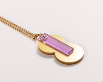 Geometric acrylic necklace. Gold and violet pendant with gold short chain. Laser cut jewelry