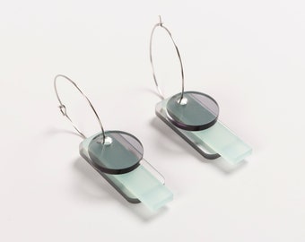 Hoop earrings with large charms in silver and aquamarine. Acryilic earrings. Silver hoops. Geometric jewelry
