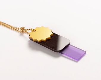 Geometric acrylic necklace. Gold, brown and violet star pendant with long gold plated chain