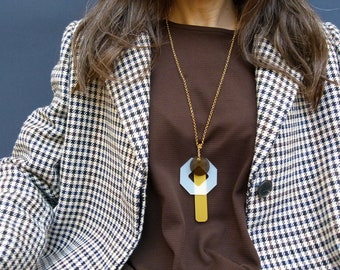 Modern long acrylic necklace, Acrylic geometric jewellery chain, White, brown and gold geometric pendant with long gold chain