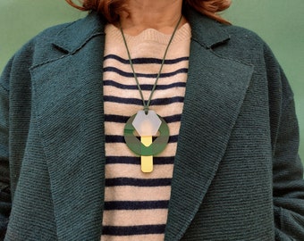Modern geometric acrylic necklace. Green and gold necklace for day to day.