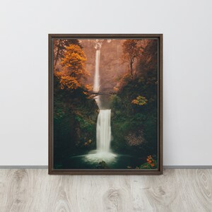 Wasserfall Fotografie Druck auf Leinwand GERAHMT Multnomah Oregon Herbst Landschaft Natur Wald Wandkunst Wohnzimmer Dekor