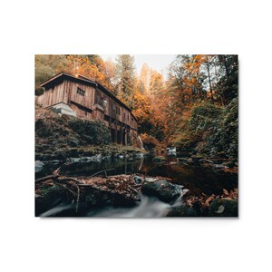 Fotografía del bosque de otoño Impresión en aluminio Cabaña rústica Cabaña River Woodland Arte de pared Otoño Estacional Orange Brown Poster
