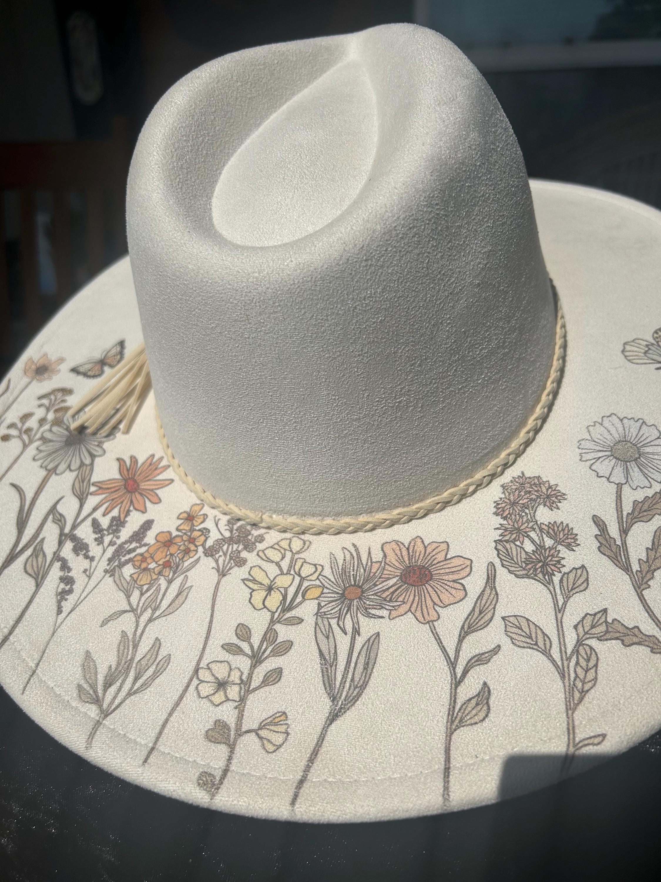 Boho Floral Embroidered Wide Brim Hat Festival Rancher Western Style Rancher Hat Custom Burned with Sunflowers - Black main image 2
