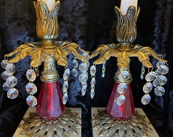 Hollywood Regency Ruby Red Crystal Candlesticks