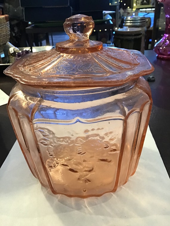 Mayfair Pink Depression Glass Biscuit Jar With Lid. Pattern is Etsy