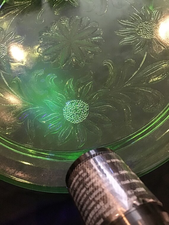 Green Sunflower Uranium Glass Cake Plate From the Etsy