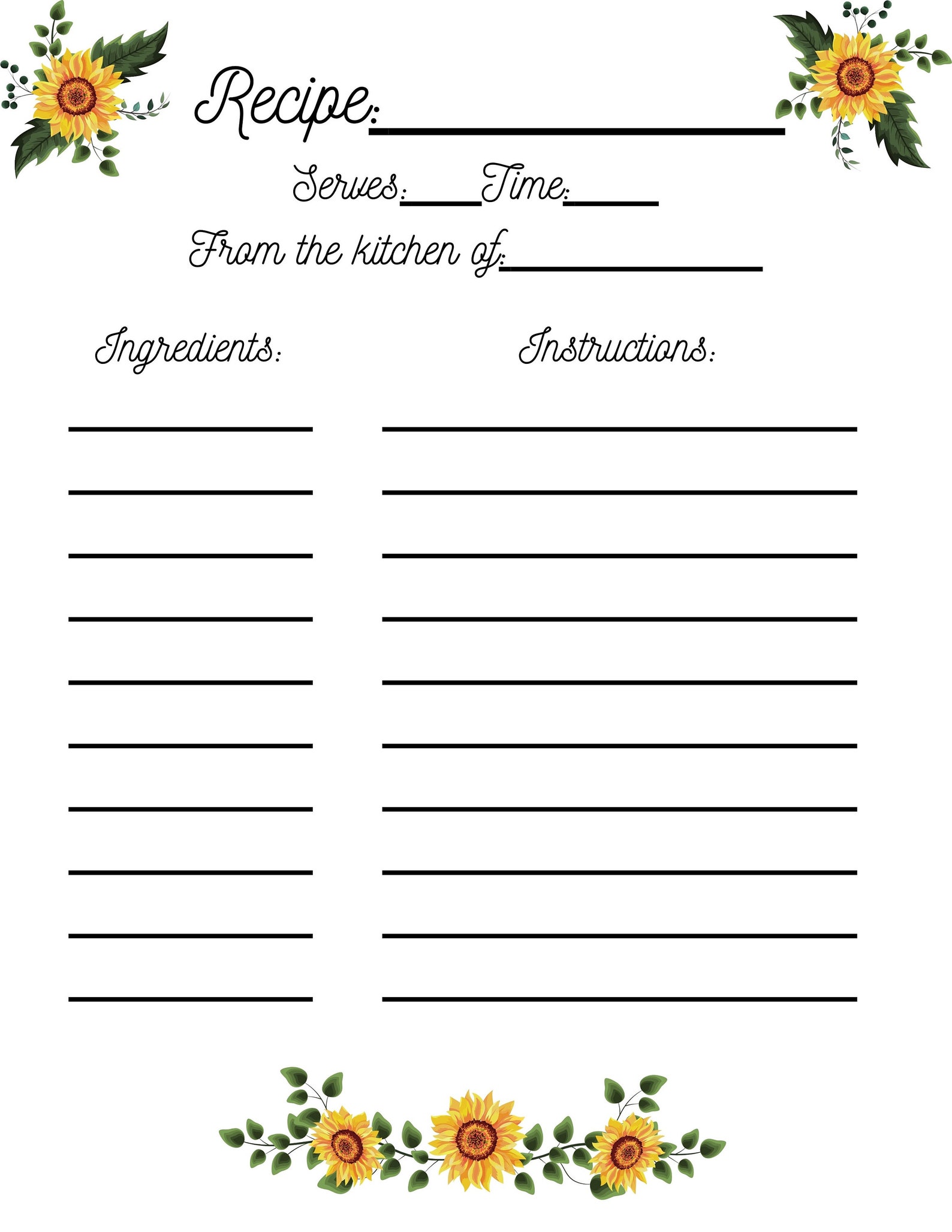 Sunflower Recipe Book Template With Dividers Etsy