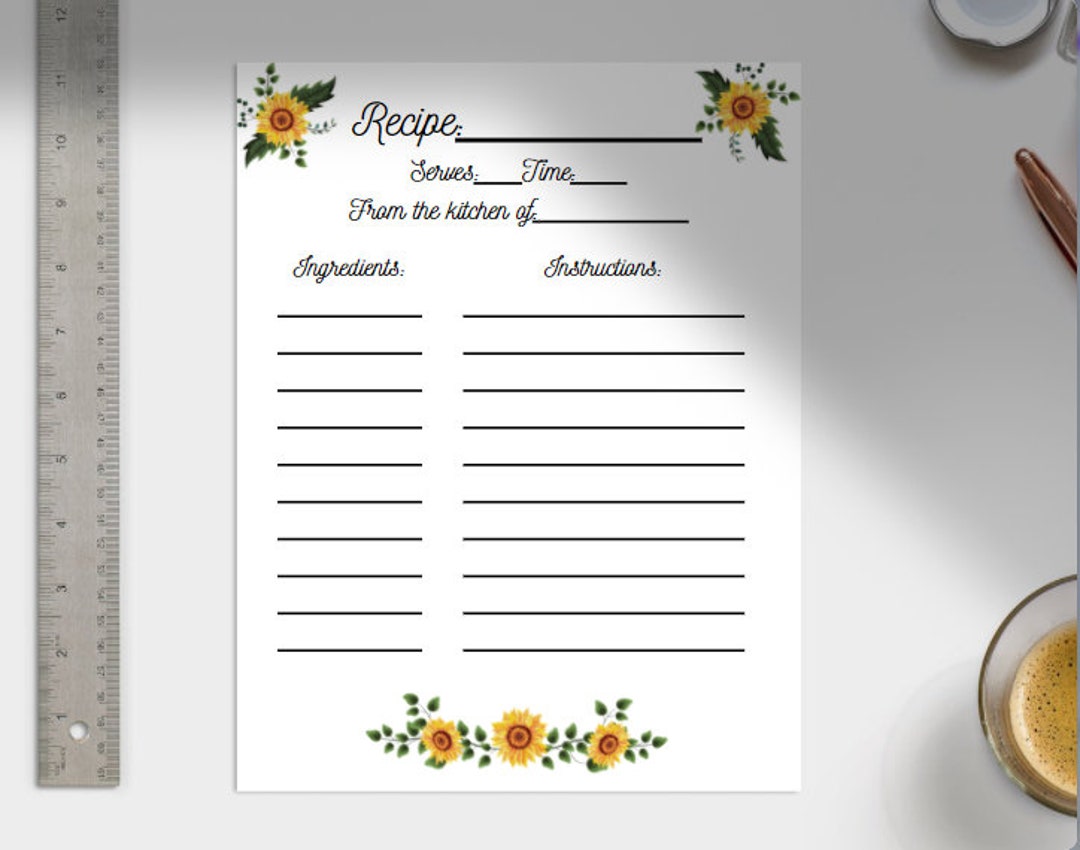 Sunflower Recipe Book Template With Dividers Etsy